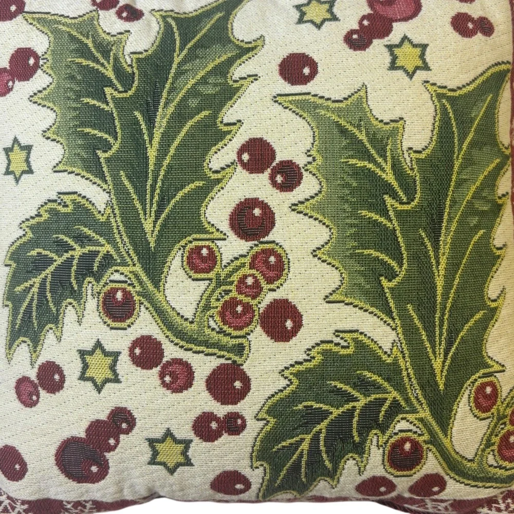 Capisserie‎ Tapestry Christmas Holly Berry Woven Cotton Accent Pillow 12x12 USA